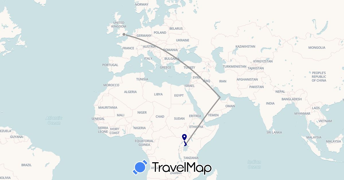 TravelMap itinerary: driving, plane in United Kingdom, Qatar, Uganda (Africa, Asia, Europe)