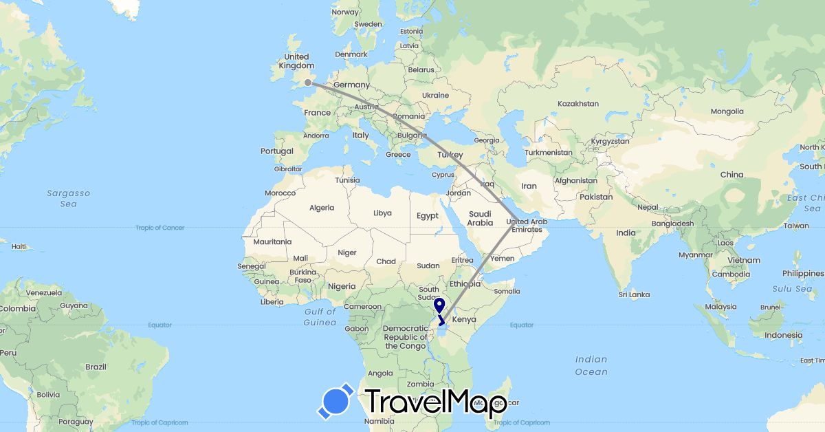 TravelMap itinerary: driving, plane in United Kingdom, Qatar, Uganda (Africa, Asia, Europe)